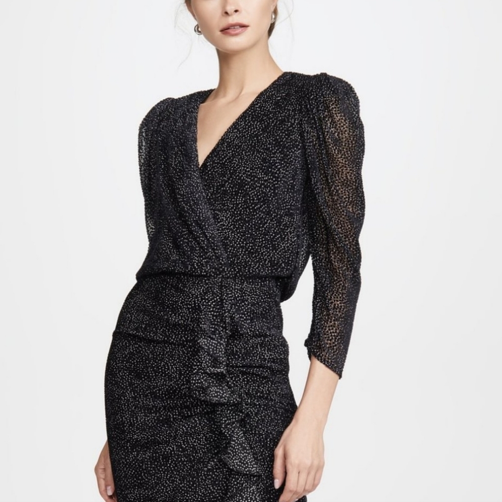 ba&sh Paris Silk Long Sleeve V Neck Dress
